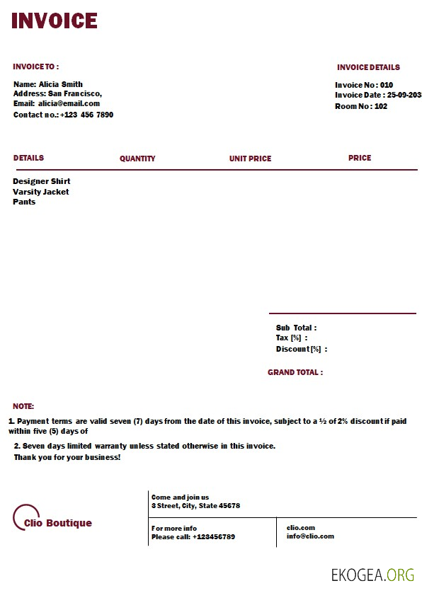 Modèle de facture de boutique gratuit